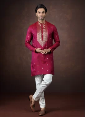 Woven Work Jacquard Silk Kurta Pajama in Rose Pink and White for Festival