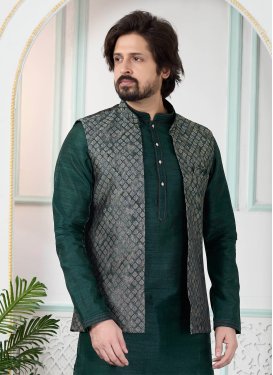 Woven Work Jacquard Silk Nehru Jacket in Green for Men