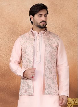 Woven Work Jacquard Silk Nehru Jacket in Salmon for Party