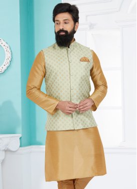 Woven Work Jacquard Silk Nehru Jacket in Sea Green for Festival
