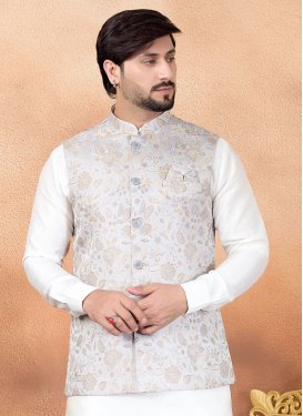 Woven Work Jacquard Silk Nehru Jacket in Silver Color for Men