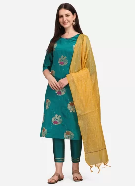 Woven Work Jacquard Silk Readymade Salwar Suit in Teal for Women