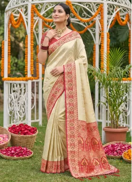 Woven Work Jacquard Silk Trendy Saree in Cream and Red for Ceremonial