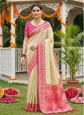 Woven Work Jacquard Silk Trendy Saree in Cream and Rose Pink for Ceremonial