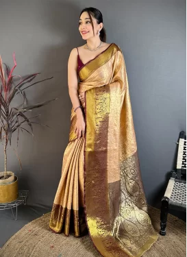 Woven Work Kanjivaram Silk Classic Saree in Maroon and Peach for Women