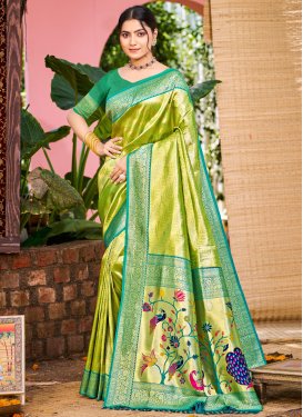 Woven Work Kanjivaram Silk Classic Saree in Olive and Sea Green for Ceremonial