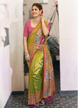 Woven Work Kanjivaram Silk Olive and Rose Pink Traditional Designer Saree