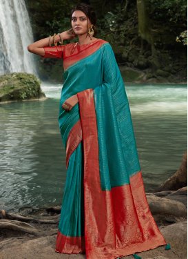 Woven Work Kanjivaram Silk Red and Teal Designer Contemporary Saree