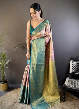Woven Work Kanjivaram Silk Traditional Saree in Mauve Pink and Teal for Ceremonial