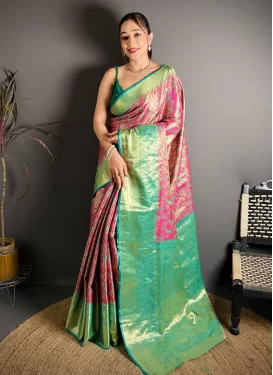 Woven Work Kanjivaram Silk Traditional Saree in Rose Pink and Sea Green for Women