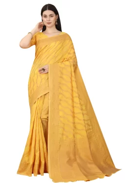 Woven Work Lichi Silk Traditional Saree in Mustard for Women