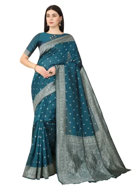 Woven Work Lichi Silk Traditional Saree in Teal for Casual