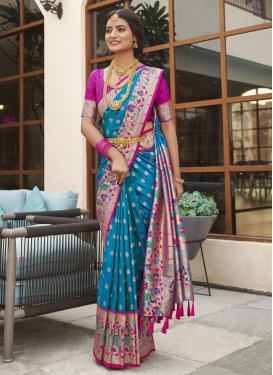 Woven Work Light Blue and Rose Pink Traditional Designer Saree