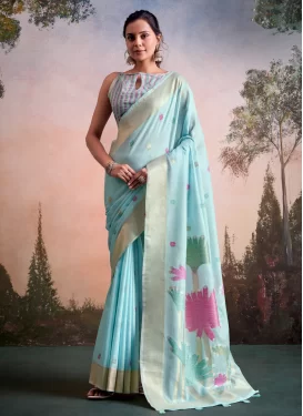 Woven Work Linen Classic Saree in Firozi for Ceremonial