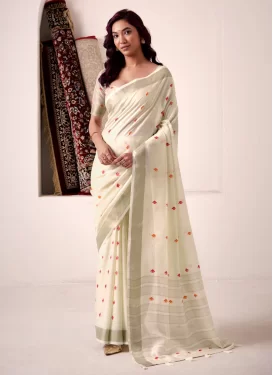 Woven Work Linen Traditional Saree in Beige for Festival