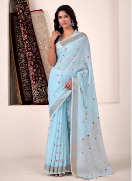 Woven Work Linen Traditional Saree in Light Blue for Ceremonial