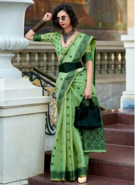 Woven Work Linen Traditional Saree in Mint Green for Festival