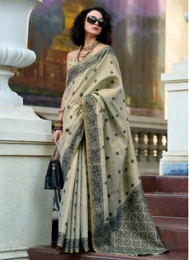 Woven Work Linen Traditional Saree in Off White for Women
