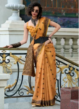 Woven Work Linen Traditional Saree in Orange for Women