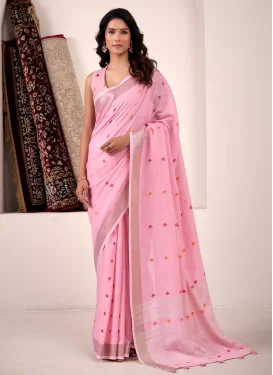 Woven Work Linen Traditional Saree in Pink for Women