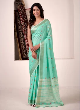 Woven Work Linen Trendy Saree in Turquoise for Women
