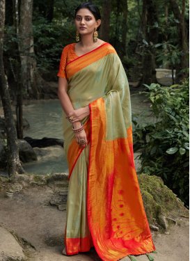Woven Work Mint Green and Orange Traditional Designer Saree