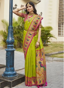 Woven Work Mint Green and Rose Pink Designer Contemporary Style Saree