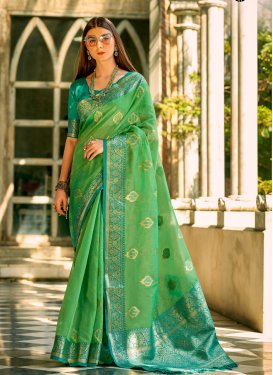 Woven Work Mint Green and Sea Green Trendy Classic Saree