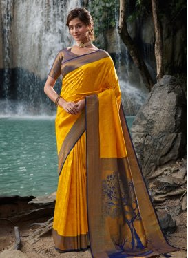 Woven Work Mustard and Navy Blue Designer Contemporary Style Saree