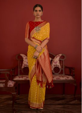 Woven Work Mustard and Red Designer Traditional Saree
