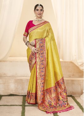 Woven Work Mustard and Rose Pink Traditional Designer Saree