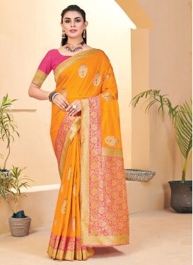 Woven Work Mustard and Rose Pink Trendy Classic Saree