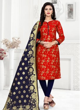 Woven Work Navy Blue and Red Art Silk Trendy Churidar Suit