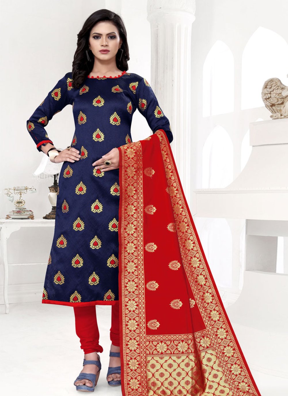 Woven Work Navy Blue and Red Trendy Churidar Salwar Suit