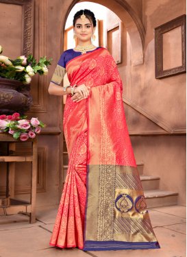 Woven Work Navy Blue and Rose Pink Contemporary Style Saree