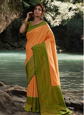 Woven Work Olive and Peach Trendy Classic Saree