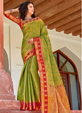 Woven Work Olive and Red Designer Contemporary Saree
