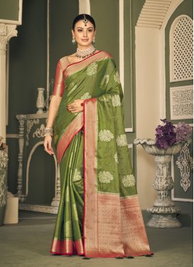 Woven Work Olive and Red Designer Traditional Saree