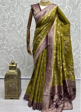 Woven Work Olive and Wine Designer Contemporary Style Saree