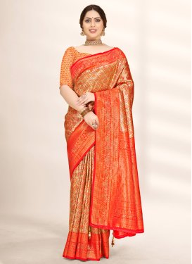 Woven Work Orange and Red Designer Contemporary Style Saree