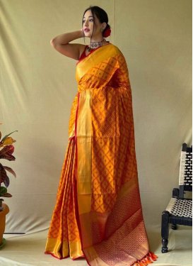 Woven Work Orange and Red Designer Contemporary Style Saree