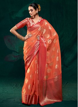 Woven Work Orange and Red Traditional Designer Saree