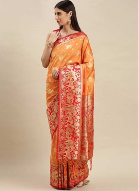 Woven Work Orange and Red Traditional Designer Saree