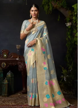 Woven Work Organza Trendy Saree in Grey for Women