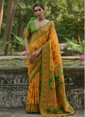 Woven Work Pasmina Traditional Saree in Mint Green and Mustard for Women