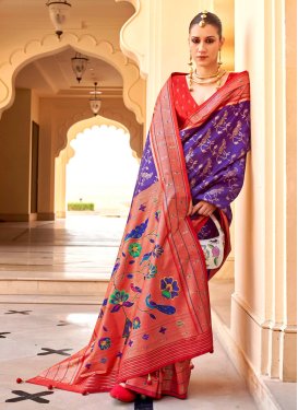 Woven Work Purple and Red Designer Contemporary Style Saree