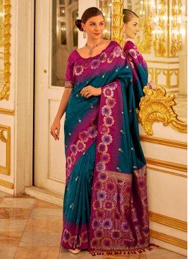Woven Work Purple and Teal Designer Contemporary Saree