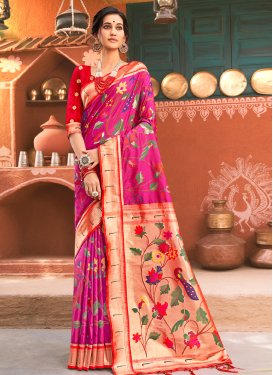 Woven Work Red and Rose Pink Designer Contemporary Style Saree