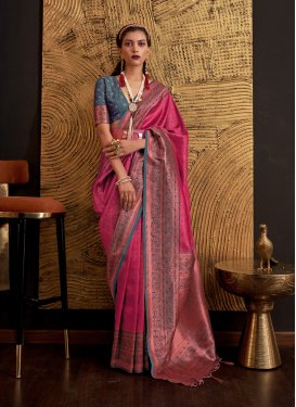 Woven Work Rose Pink and Teal Designer Contemporary Style Saree