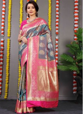 Woven Work Rose Pink and Teal Trendy Classic Saree